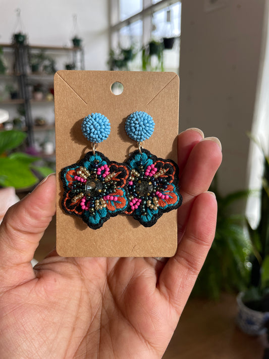 Blue and pink floral earrings